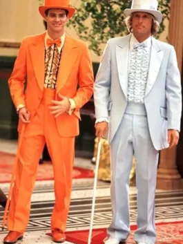 Orange and blue Dumb and Dumber suits in bright tuxedo style for duo costume parties