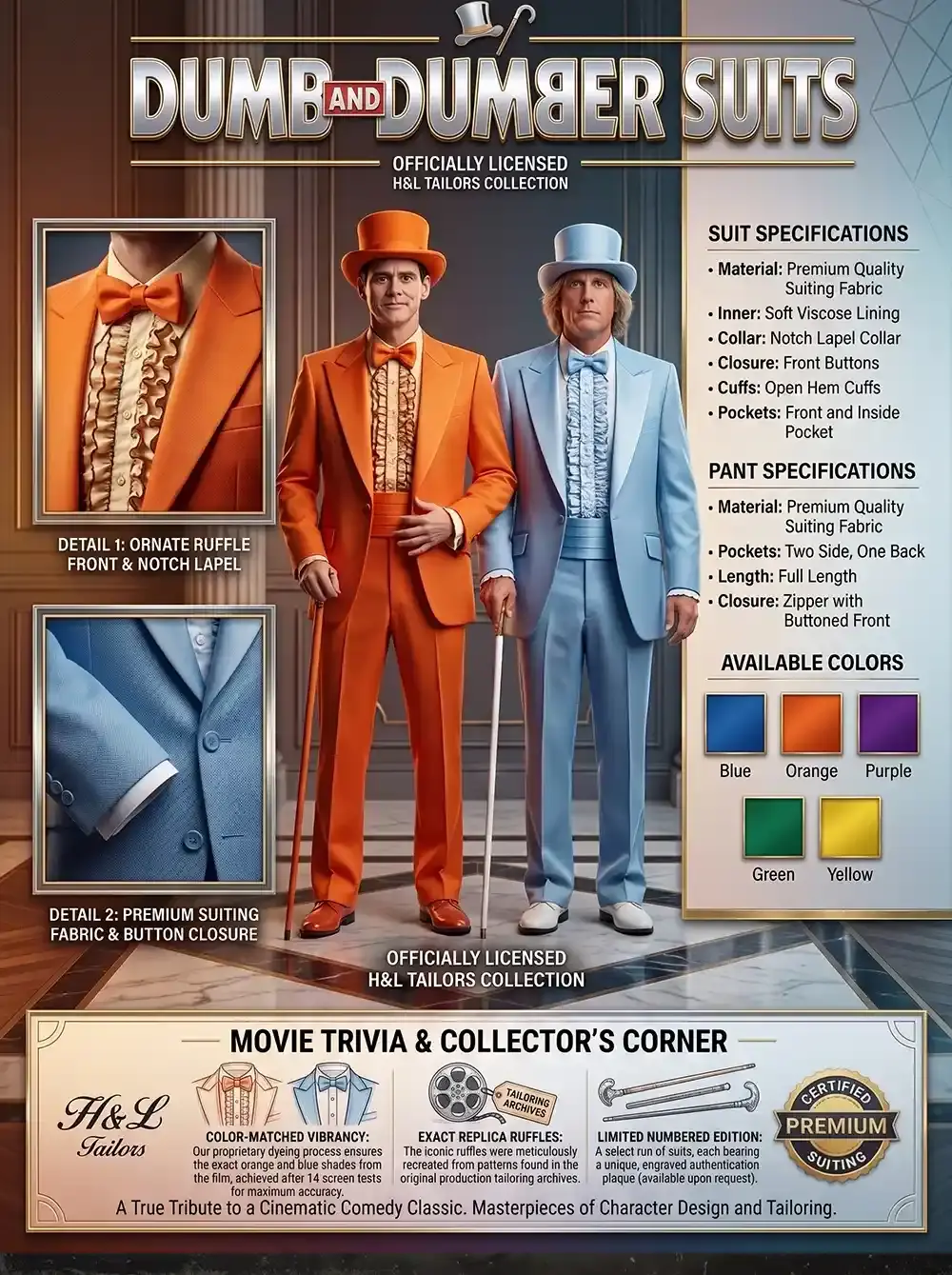 the officially licensed H&L Tailors Dumb and Dumber Suits collection, featuring side-by-side models wearing the iconic bright orange and powder blue tuxedo designs complete with matching top hats and canes.