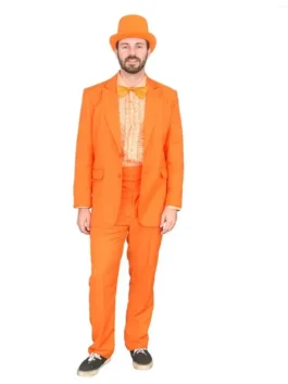 Front view of Dumb and Dumber orange tuxedo with bright color and formal costume design