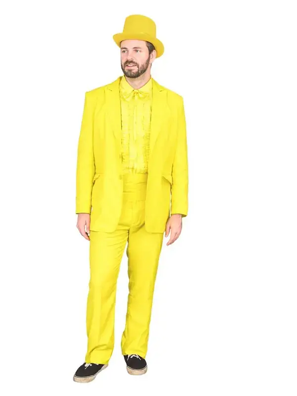 Front view of man dressed in dumb and dumber orange tuxedo with bow tie and matching hat