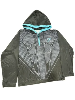 A black Gymshark Onyx V1 Hoodie featuring a half-zip pullover design, teal accents, and a distinctive textured pattern on the chest.