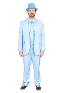 Man in Dumb and Dumber blue tuxedo outfit with ruffled shirt and bow tie from the famous comedy movie