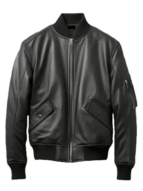Mens Casual Black Leather Bomber Jacket