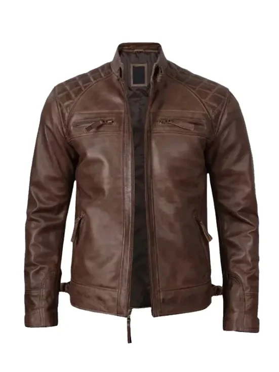 Mens Quilted Shoulder Coffee Brown Biker Leather Jacket
