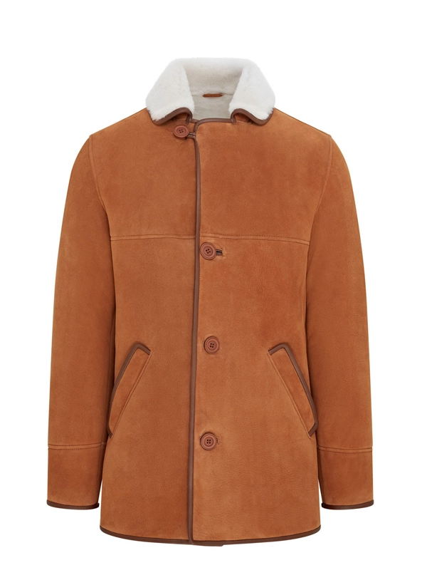 Mens Tan Sheepskin Shearling Pea Coat