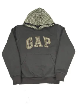 Full product display of the Gap houndstooth brown hoodie, available for customers in the USA, UK, Canada, and Australia.