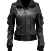 Womens Black Leather Bomber Jacket