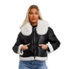 Women’s Black Leather Cropped Wide Shearling Collar Jacket