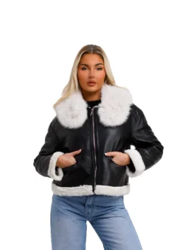 Women’s Black Leather Cropped Wide Shearling Collar Jacket