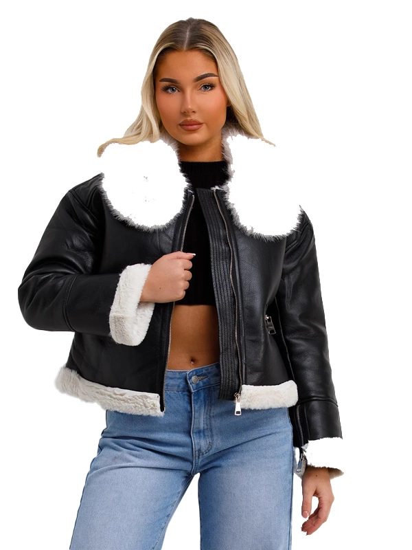 Women’s Black Leather Cropped Wide Shearling Collar Jacket (2)