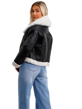 Women’s Black Leather Cropped Wide Shearling Collar Jacket