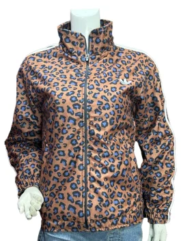 Front view of a leopard print Oversized Track Jacket with a high collar and full zip closure.