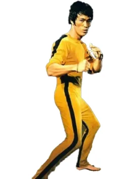 A full profile of the yellow and black Death Bruce Lee Tracksuit for a complete athletic look.