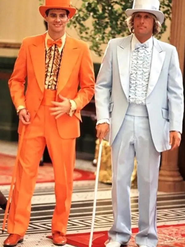 wearing colorful tuxedo inspired by dumb and dumber suits for comedy costume or cosplay look