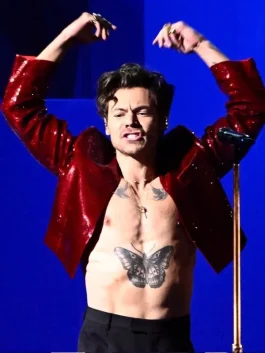 Brit Awards 2023 Harry Styles red jacket inspired style with a sleek fit and bold color.