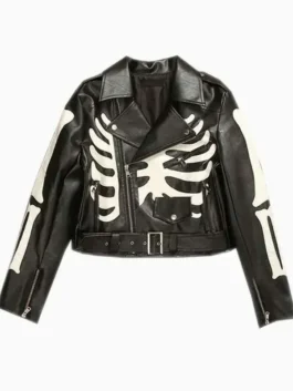Cropped Black Leather Biker Skeleton Jacket