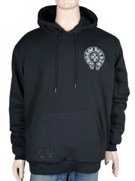 Front view of a premium black pullover hoodie on a mannequin showcasing a white horseshoe brand emblem on the left chest and a large kangaroo pocket.