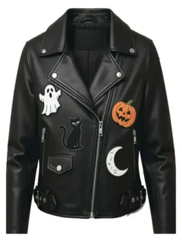 Halloween Patches Black Leather Jacket 2