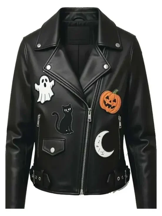 Halloween Patches Black Leather Jacket 2