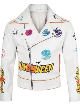 Halloween Pumpkin White Biker Leather Jacket 3