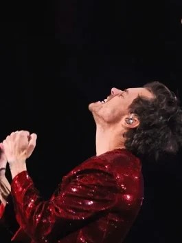 Harry Styles Brit Awards 2023 red jacket side look showing the silhouette and tailored shape.