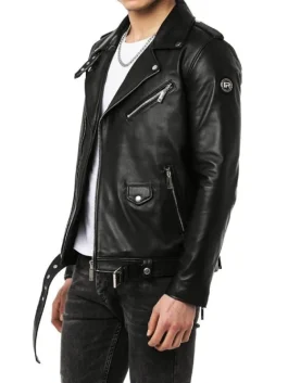Men’s black leather motorcycle jacket back side look showing a fitted shape and clean panel design.