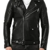 Men’s Leather Motorcycle Jacket front view showing a sharp biker fit and clean finish.
