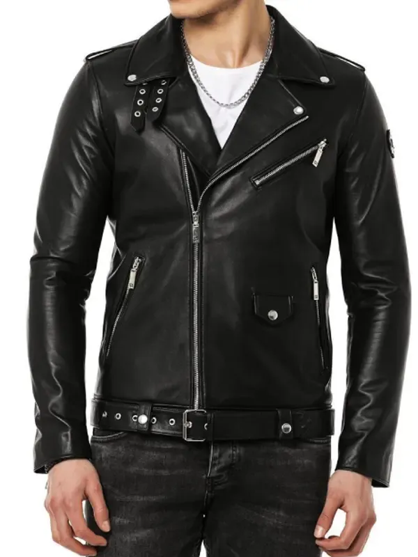 Men’s Leather Motorcycle Jacket front view showing a sharp biker fit and clean finish.
