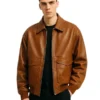 Men’s Oversized Front Pockets Brown Leather Bomber Jacket 3