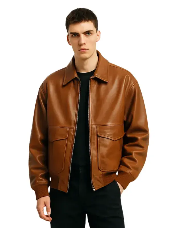 Men’s Oversized Front Pockets Brown Leather Bomber Jacket 3