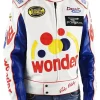 Front view of the Ricky Bobby Wonder Bread jacket from Talladega Nights featuring sponsor patches and blue leather sleeves.