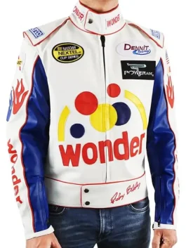 Front view of the Ricky Bobby Wonder Bread jacket from Talladega Nights featuring sponsor patches and blue leather sleeves.