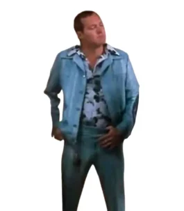 Full-body view of Cousin Eddie wearing powder blue leisure suit in Christmas Vacation