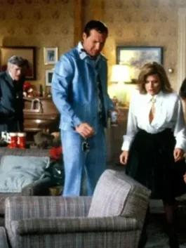 Cousin Eddie wearing powder blue leisure suit inside Griswold house holiday scene