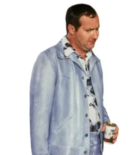 Side profile of Randy Quaid wearing Cousin Eddie blue leisure suit holding a drink