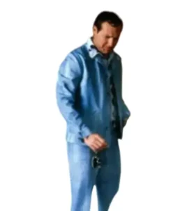 Full-length view of Cousin Eddie powder blue leisure suit with matching trousers