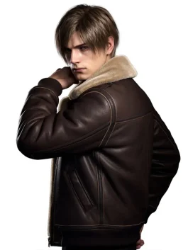 view of the Leon Kennedy Resident Evil 4 Remake Jacket featuring a rugged brown texture and zipper closure.