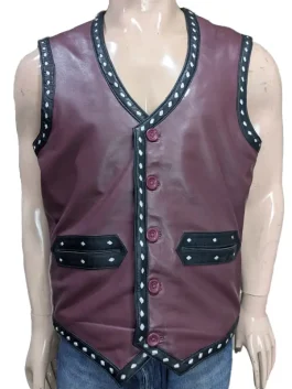 A high-quality recreation of the burgundy leather vest worn by James Remar as Ajax in the cult classic film The Warriors.