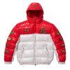 Supreme Fox Racing shiny down puffer jacket in red and white with hood, metallic insulated winter jacket.