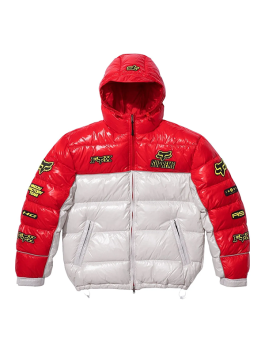 Supreme Fox Racing shiny down puffer jacket in red and white with hood, metallic insulated winter jacket.