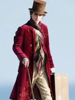 A detailed view of the long, regal purple coat Willy Wonka wears in the film.