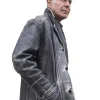 Close-up of Anthony Bourdain Leather Jacket showing the distressed leather texture and button-front style.