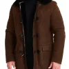 Warm brown shearling sheepskin coat mens, durable leather coat with black trim and patch pockets.