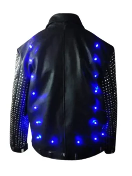 Back view of the Chris Jericho sparkly light up jacket, black leather with studded sleeves and bright Y2J blue LEDs.