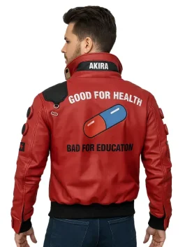 Rear view of the Cyberpunk 2077 Akira Capsule Jacket featuring the iconic red capsule and the 