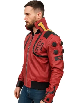 Side view of the Cyberpunk 2077 Akira Kaneda jacket. A stylish Cyberpunk red capsule biker jacket with shoulder patches.