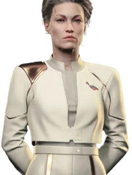 Close-up of Song So Mi wearing the white and gold Cyberpunk 2077 Phantom Liberty jacket. A key part of the Cyberpunk V Phantom Liberty outfit.