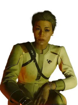 Song So Mi aims a rifle while wearing the white and gold Phantom Liberty bomber jacket. This is a tactical piece of the Cyberpunk V Phantom Liberty outfit