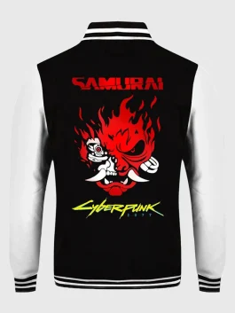 The iconic red and black Cyberpunk Night City varsity jacket featuring the flaming Samurai logo Cyberpunk varsity jacket.