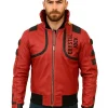 Front view of the red Cyberpunk Akira capsule jacket. This Akira capsule logo motorcycle jacket features "CRYSTAL JOCK" text.